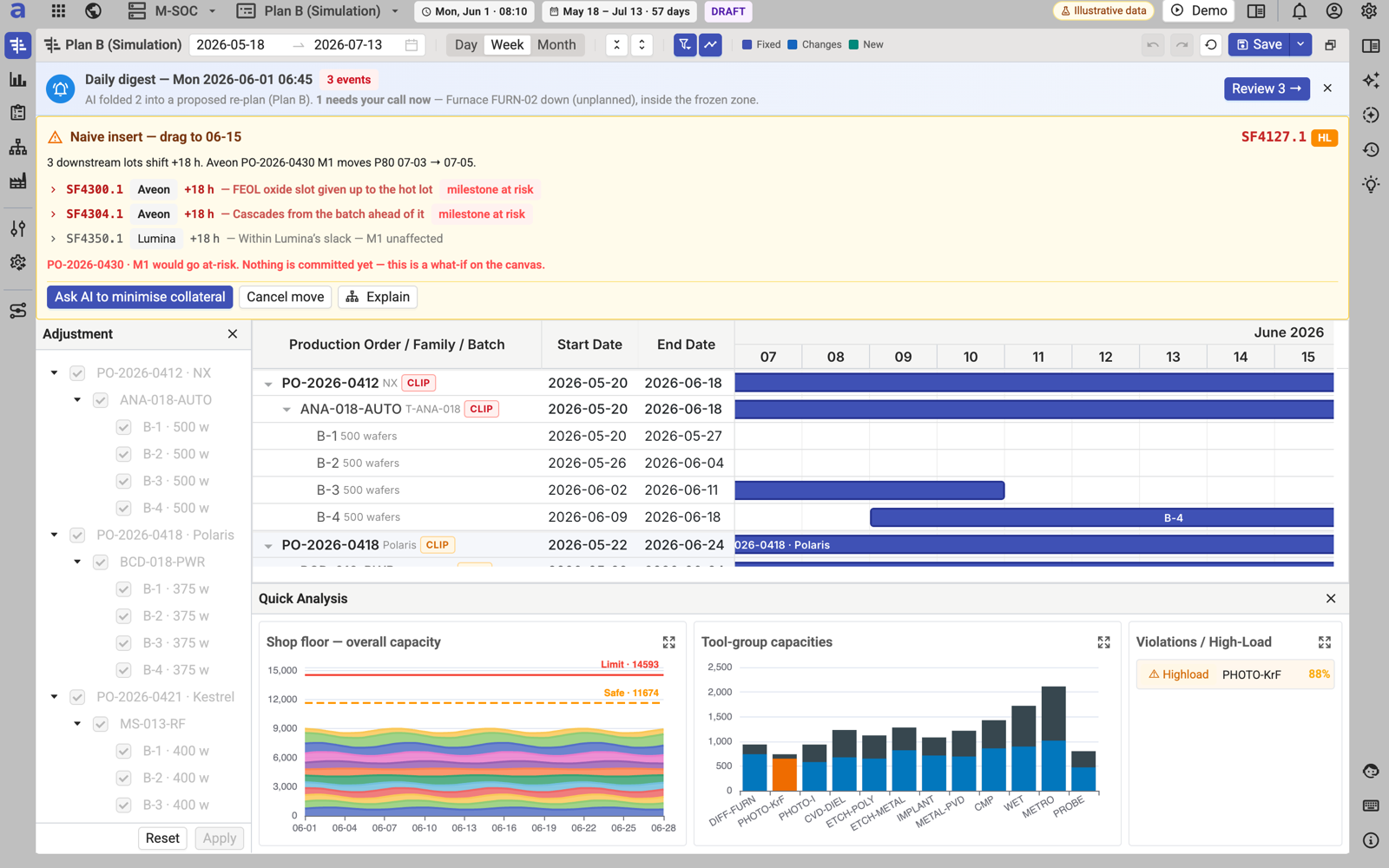 aPlanner MVP — drag a lot on the Gantt with live ripple